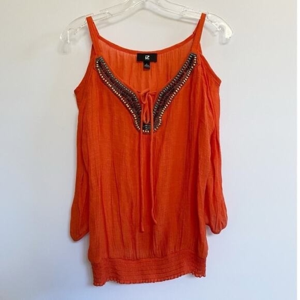 IZ Byer Women's Orange Beaded Front Cold Shoulder Boho Top - L‎ EUC